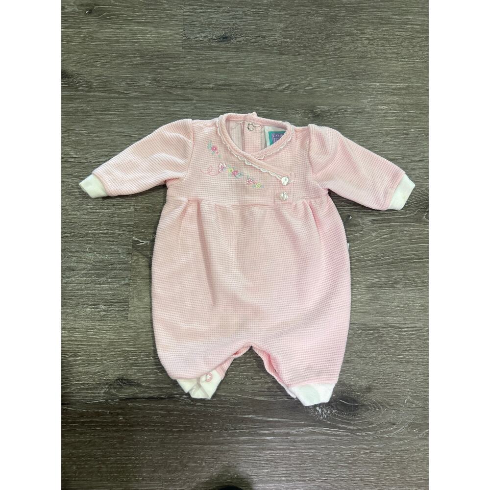 Vintage Little Me Baby Girl Pink Waffle Romper Newborn Floral Embroidered 90s